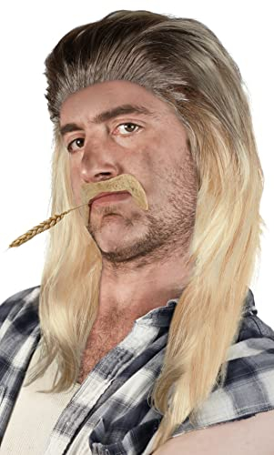 SET mit Vokuhila Perücke + Bart - Prollperücke Vokuhilaperücke Proll Pimp Blond Brünette Grau Schwarz (Blond/Schwarz + Bart)