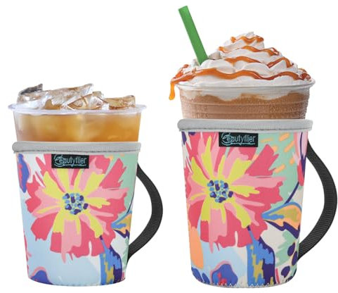 Beautyflier Pack of 2 Reusable Iced Coffee Cup Insulator Sleeve with Handle for Cold Beverages, 16-22oz Neoprene Holder for Starbucks Coffee, Dunkin Donuts (Pattern1)