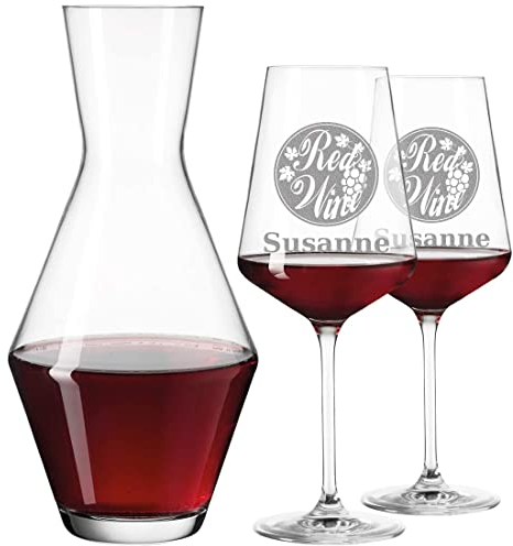 polar-effekt - Set di 3 bicchieri da vino rosso e caraffa da vino, personalizzati con incisione, decanter in vetro per occasioni speciali, bicchiere da vino per coppie sposate, motivo Vino rosso