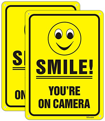 Smile You're On Camera Signs 250mmX180mm Video Surveillance Warning for CCTV Monitoring System Reflective Aluminum Anti UV Protected Metal Waterproof Durable Easy to Install 2 pack