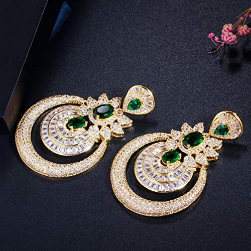 SALAN Zirkone Dubai 18 Karat Gelbgold Vintage Modeschmuck Grün Smaragd Long Big Drop Hochzeitsfeier Ohrringe Für Frauen
