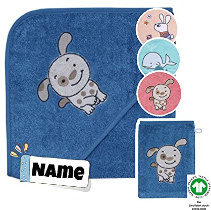Baby Kapuzenhandtuch Set mit Waschlappen | 100% Bio Baumwolle | Baby Handtuch 80 x 80 cm Kapuzenbadetuch | personalisiert mit Name | Baby Badetuch Bestickt mit Namen (Hund Rauchblau)