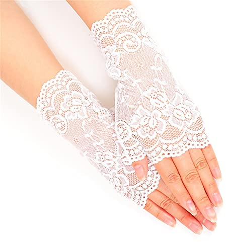 MoreChioce Damen Fingerlose Spitzen Handschuhe, 1 paar Elegant Blume Muster Fingerlos Spitze Handschuhe Half Finger Netzhandschuhe UV Schutz Fingerhandschuhe Brauthandschuh,Weiß Lang