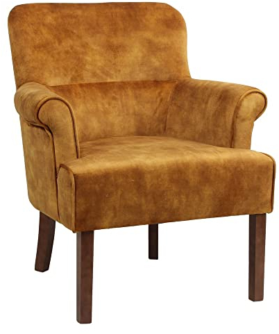 LOLAhome Ocker Sessel mit Armlehnen, gepolstert aus Velours und Holz, 75 x 76 x 82 cm