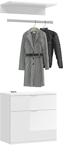 Newroom Garderobe Weiß Hochglanz Garderobenset Modern - 61x62+3+14x34 cm (BxHxT) - Sitzbank Kleiderstange - [Pamela.Seven] Flur Diele Schlafzimmer