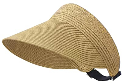 Andiker Visor Sun Hat, Adjustable Wide Brim Straw Hat Foldable Roll Up UV Protection Cap for Outdoor Sport Beach, Boating, Fishing (Khaki)
