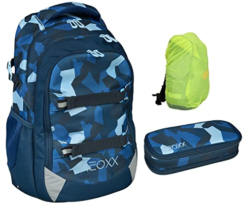 Neoxx Active Schulrucksack 3tlg. Set · Rucksack für die Schule 5. bis 12. Klasse · ergonomischer Schulranzen für Jungen und Mädchen (Camo Nation/Blau)