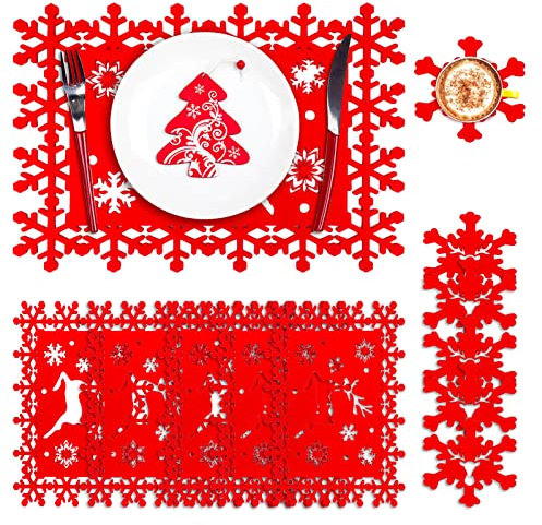 Christmas Placemats and Coaster Set - 6 Non-Slip Heat Resistant Elk Table Mats and 6 Cup Mats for Xmas Dining Table Decorations