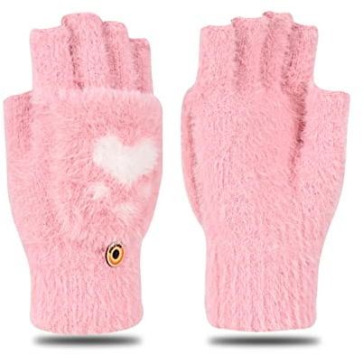 VOLLGUFEN 1 Paar Thermo handschuhe,Handgelenk wärmer,Flip-Handschuhe,gloves without fingers,handschuhe damen fleece,geeignet für Mädchen im Winter(Rosa)