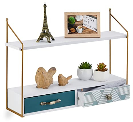 Relaxdays Wandregal mit 2 Schubladen, 2 Ablagen, MDF & Eisen, HxBxT: 42,5 x 60 x 16,5 cm, Hängeregal Wohnzimmer, bunt