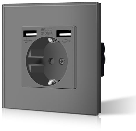 BSEED Enchufe de Pared con 2 USB,Enchufes Empotrable con Cristal,Seguridad infantil,Fácil de Instalar,M Serie,1 Enchufe con 2 USB,86mm Gris