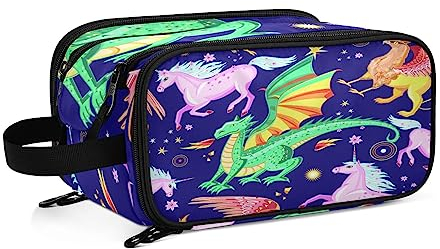 Kulturbeutel Cartoon-Drachen-Greif-Einhorn Große Kosmetiktasche Kulturtasche Waschtasche Make Up Tasche Waschbeutel Schminktasche für Damen Mädchen