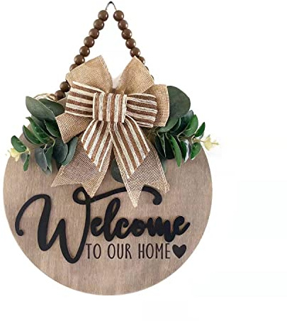 Condorpasea 3D-Willkommensschild für Haustür | Zuhause/Bauernhaus Veranda Dekor Holz Hängeschild mit künstlichen Blättern und rustikalen Perlen | Weihnachten Klassenzimmer | 30,5 cm rund