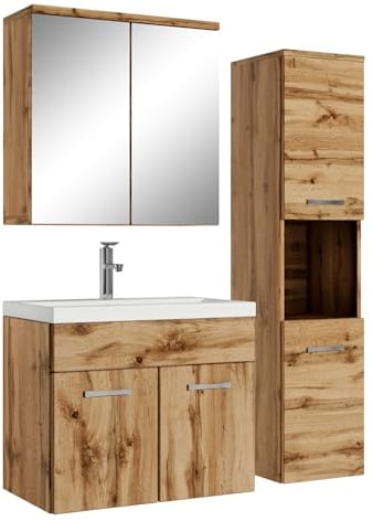 Badezimmer Badmöbel Set Montreal mit Spiegelschrank 60cm Waschbecken Eiche - Unterschrank Hochschrank Waschtisch Möbel