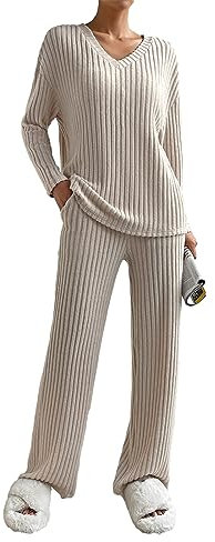 SotRong Womens Lounge Wear Sets Ladies Leisure Suits Two Piece Outfit Tracksuit Set Long Sleeves V Neck Baggy Pullover Tops Wide Leg Long Pants Apricot 2XL