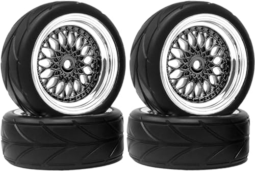 RC Auto Reifen und Räder Set,KINGCOO 4Stück 64mm Gummireifen Kunststoffbeschichtung Rad 12mm Hex für 1/10 RC On-Road Run-Flating Touring Racing Auto (Schwarz Silber)