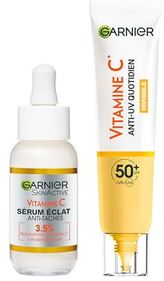 Garnier SkinActive -Coffret Routine Vitamine C-Sérum Anti-Taches Brunes + Fluide Anti-UV Quotidien Invisible-Réduit les Taches Brunes & Protection SPF50+ - Enrichis en Vitamine C-Tous Types de Peau