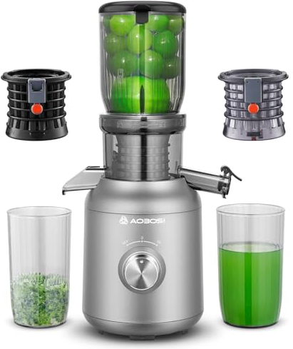 Extracteur de jus AOBOSI 250W-Extracteur de jus de fruits et légumes avec un diamètre de 103MM et 2 filtres sans métal-1.2L Extracteur jus avec 2 brevets et 40 minutes de protection thermique, Gris.