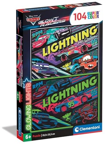 Clementoni Jigsaw Puzzle Disney Cars 104 Pieces - Glowing in the Dark Supercolor Puzzle For Children 6-8 Years, Cartoon, Disney, Gift For Boy/Girls, Puzzle For Kids, Made In Italy, 25758