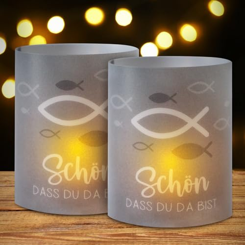BETESSIN 12 Windlicht Tischdeko Schön DASS du da bist Teelichter Taufe Fische Lichthülle Grau Mini Kerzen Deko Kommunion Tischlichter Konfirmation Erstkommunion Weihnachten Teelicht Kerzen Verzieren