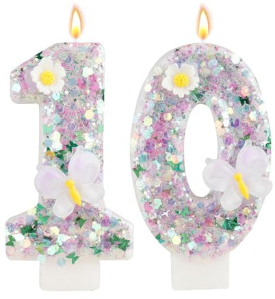 Bolosa Geburtstagskerzen, Kerzen Geburtstag, Kerze 10 Geburtstag, Kerzen Geburtstag Zahl Rosa 10 mit Schmetterling und Blumen, Geburtstag für Kinder, Erwachsene,Jubiläum,Geburtstagsfeier