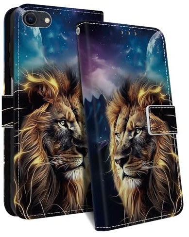 HopMore Handyhülle für iPhone SE 2020 / iPhone SE 2022 5G / iPhone 7 / iPhone 8 Hülle, Premium PU Leder Klappbar Klapphülle Kartenfach Schutzhülle, Stoßfeste Case Tasche mit Motiv Handytasche, Löwe