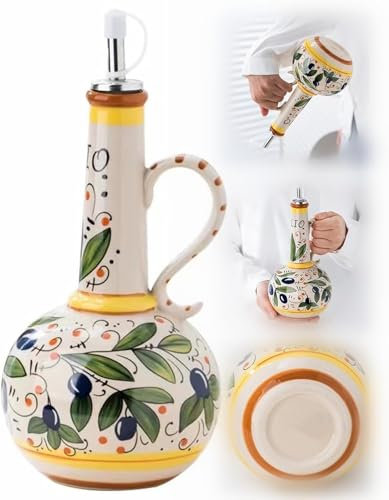 YUYQAQ KRONDO Ceramic Olive Oil Dispenser Bottle 23oz, Hand Painted Stoneware Olive Oil Cruet with Stainless Steel Spout for Oils, Sauces, Vinegar