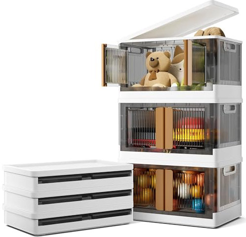 Warmiehomy Stackable Storage Boxes 45L*3 Pack Plastic Camping Storage Box with Lids Foldable Collapsible Outdoor Storage Box with Wheels, Front Door Opening Storage Bins for Outdoor Office Home