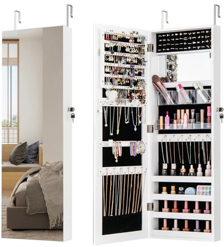 COSTWAY Schmuckschrank hängend, 2 in 1 Wandspiegel & Schmuck Organizer, Spiegelschrank abschließbar, Schminkschrank mit 2 Spiegel, Tür- / Wandmontage, verstellbare Haken (Weiß)
