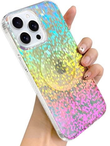 SOKAD Iridescent Magnetic for iPhone 15 Pro Case, Compatible with Magsafe, Aesthetic Glitter Sparkly Diamond Design for Girls Women, Unique Glossy Fluorescent Holographic Protective Phone Case