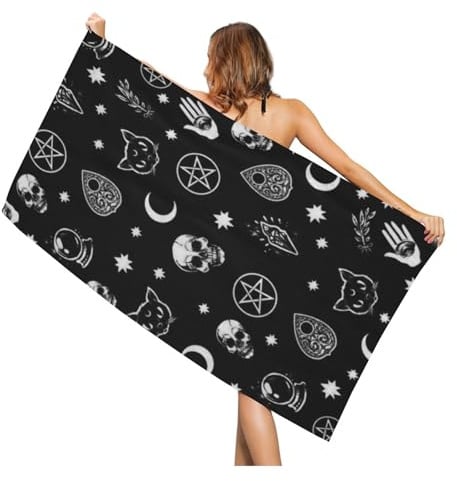 Newhomestyle Strandtuch, Motiv: Totenkopf, Katze, Mond, Gothic, saugfähig, schnell trocknend, sandfrei, übergroßes Mikrofaser-Handtuch für Damen und Herren, Reisen, Camping, Fitnessstudio, Pool
