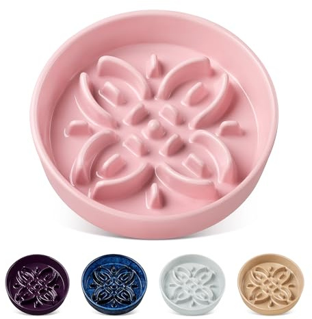 vancasso Comedero Antivoracidad para Perros y Gatos, Plato de Cerámica con Laberinto de Pétalos, Alimentación Lenta y Antideslizante, Bol Calmante e Interactivo, Rosa