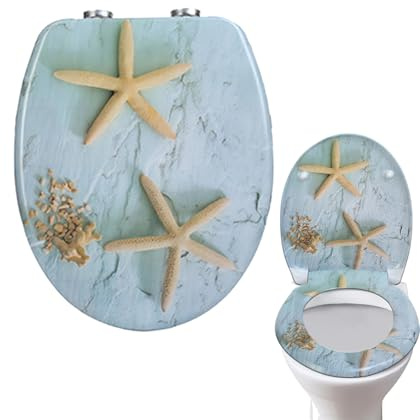 Toilet Seat with Soft-Close Mechanism, Toilet Lid with Soft-Close Mechanism, Oval High-Quality Toilet Lid with Easy Assembly, Sturdy Quality Toilet Seat for Families (Starfish)