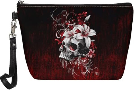 Wanyint Borsa per cosmetici con stampa di lupo per donne e ragazze, impermeabile, alla moda, borsa per il trucco, Teschio Giglio Rosso, Taglia unica