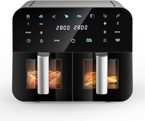 Dual Zone Heißluftfritteuse 9L mit 2 Kamern Kapazität 2 Fächer Sichtfenster Beleuchtung Airfryer Touchscreen 3D Umluftsystem Antihaftbeschichtung spülmaschinenfeste Körbe