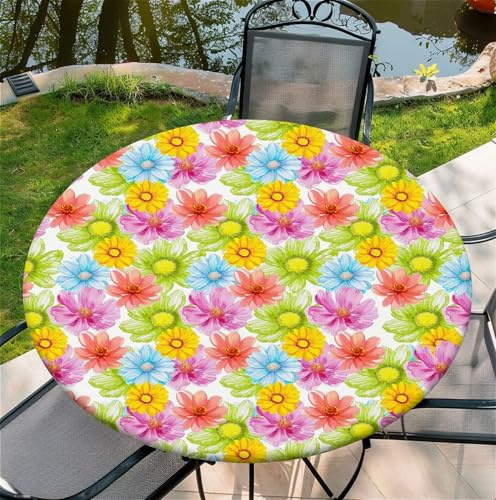 artslion Runde tischdecke Outdoor wetterfest mit Gummizug 36In-90 cm - wasserdichte Elastische Tischdecke für Innen & Außen – Abwischbar, Knitterfrei, Dekorativ mit Bunte Blumen Mustern