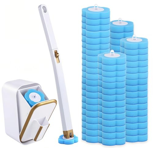 Kisizity Disposable Toilet Brush with 60 Refills, Blue Toilet Wand Kit | with Long Handle and Wall Mounted Storage Caddy | Sudsy Cleaning System Kit for Wash Basin Bathroom and Bathtub Sink