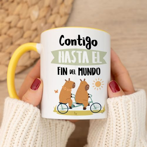 Wanapix | Tazas Cerámica San Valentín| Regalos para Día de los Enamorados| Taza regalo enamorados| 325 ml | Contigo hasta el fin del mundo