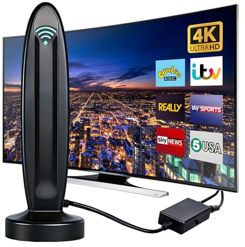 Indoor TV Aerial, 650+ Miles Range TV aerial with Amplifier Signal Booster, Digital HD TV Ariels Supports 4K 1080P Local Channels with 18Ft HD Cable