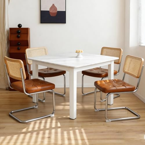 4er Set Freischwinger Esszimmerstühle aus Kunstleder & Rattan – Gepolsterte Küchenstühle mit Chromgestell geflochtene Rattan Rückenlehne Eichenholz ,Küchenstuhl Freischwinger Polsterstuhl (Braun-PU)
