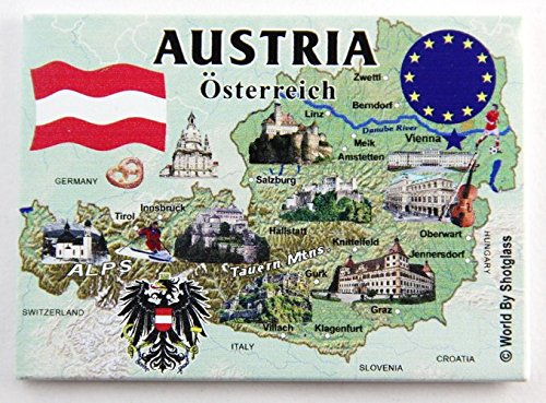 World By Shotglass Kühlschrankmagnet, Motiv: Österreich, EU-Serie, Souvenir, 6,3 x 8,9 cm, Rot und Weiß, Vinyl, 1 Stück