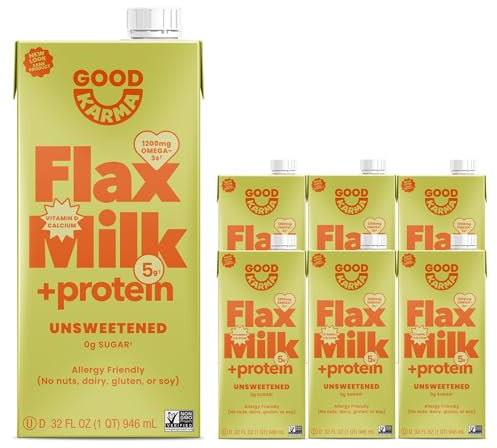Good Karma Unsweetened Flaxmilk +Protein, 32 Ounce (Pack of 6), 5g Plant Protein + 1200mg Omega-3 Per Serving, Plant-Based Non-Dairy Milk Alternative, Lactose Free, Nut Free, Vegan, Shelf Stable