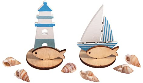 Holz-Steckmotiv Maritim 12 Teile Leuchtturm Fische Holz Basteln DIY anmalen Dekoration