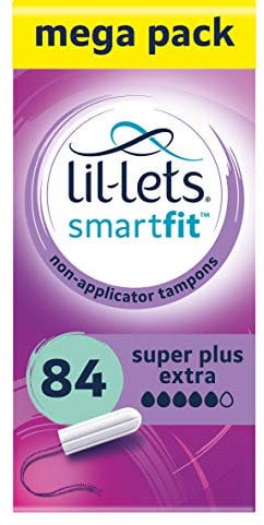 Lil-Lets Non-Applicator Super Plus Extra Tampons X 84, (6 Packs of 14 Tampons), For Very Heavy Flow, 5 Droplets, Plant-Based, SmartFit Non-App Tampon