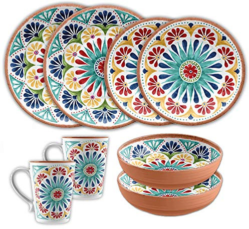 Patterned Outdoor Melamine Dinnerware Set with Mugs - Multicolour Camping/Picnic Plates Bowls Cups Set (8, Rio Medallion)