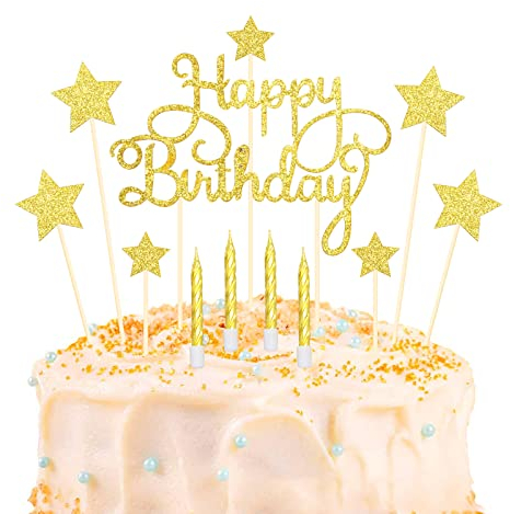Lifreer Happy Birthday Cake Topper Gold Birthday Cake Decorations Cake Toppers Stars Cake Toppers with Gold Candles for birthday decoration