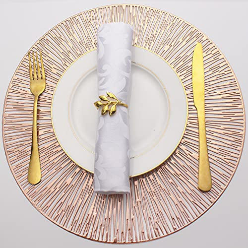 Evevda Placemats for Dining Table Set of 6 Round Hollow Out Table Mats Pressed Metallic Vinyl Plastic Place Mats Table Decoration for Holiday Wedding Accent Centerpiece(Rose Gold Radial Circle)