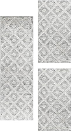 Carpettex Bettumrandung Schlafzimmer 3teilig Kurzflor Teppich 3-D Rauten Design Grau Bettset:2 mal 60x110 + 1 mal 80x250 - Bettvorleger Schlafzimmer Läufer Set Weicher Bettumrandung Teppich