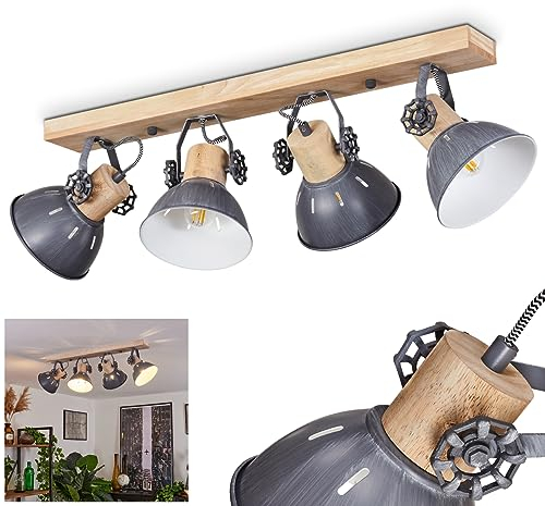 Deckenleuchte Orny, Deckenlampe im Vintage-Design aus Metall/Holz in Grau/Weiß/Natur, Lichtschlitze, Leuchte m. Holzbalken, Textilkabeln u. verstellbaren Strahlern, 4-flammig, E27, ohne Leuchtmittel