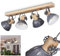 Deckenleuchte Orny, Deckenlampe im Vintage-Design aus Metall/Holz in Grau/Weiß/Natur, Lichtschlitze, Leuchte m. Holzbalken, Textilkabeln u. verstellbaren Strahlern, 4-flammig, E27, ohne Leuchtmittel